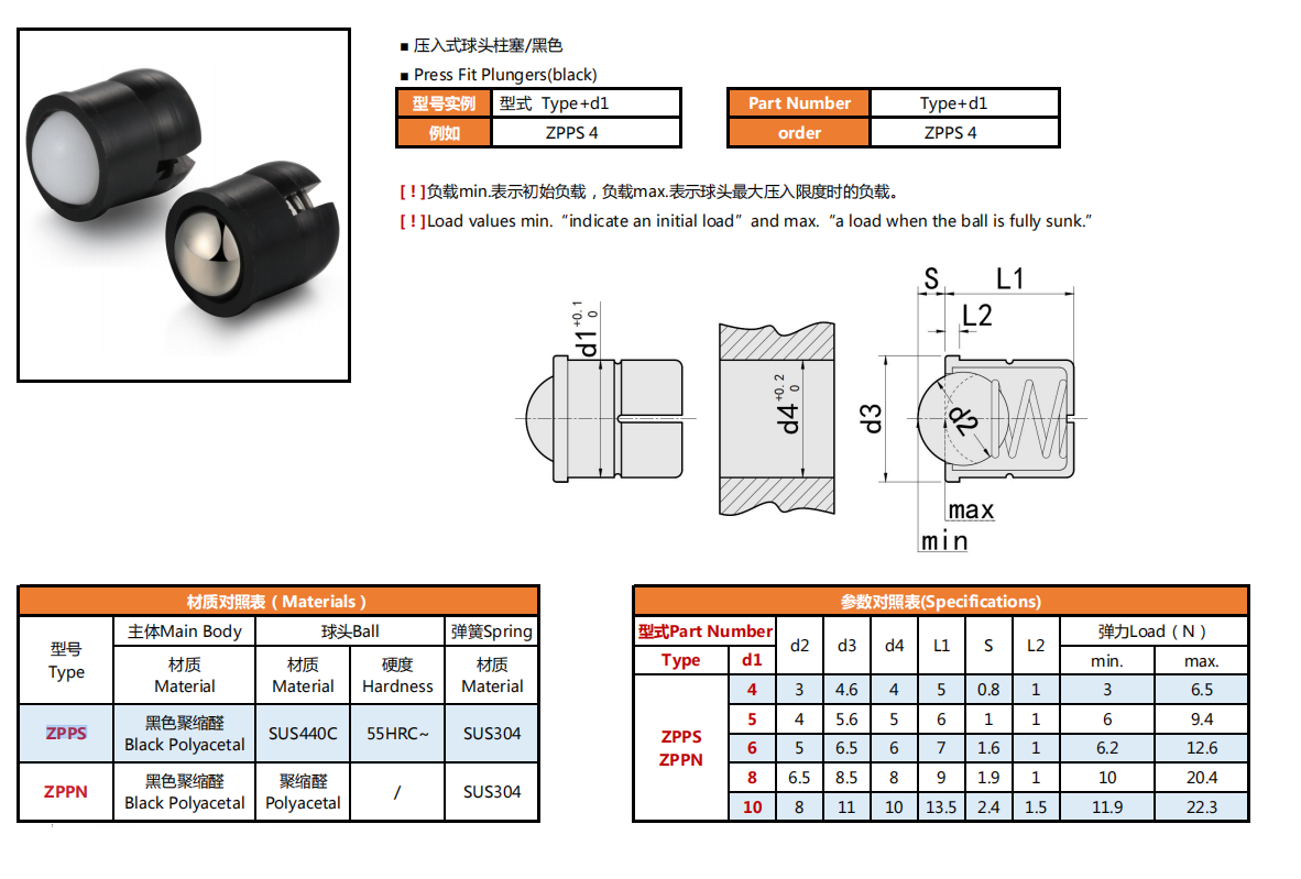 칼라와 볼 자체 클램핑 기능이 있는 부드러운 압입식 스프링 플런저