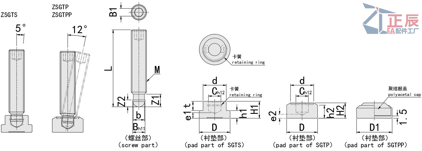 스러스트 포인트가 있는 그러브 나사 세트 SGTS SGTP